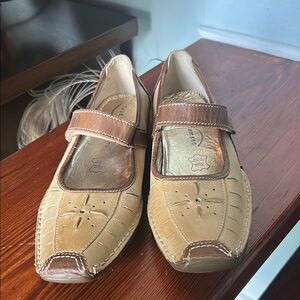 Tan and Brown Flats with Perforated Design and Velcro Strap